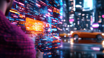 Aufkleber - cinematic view of startup founder interacting with digital data in vibrant cityscape. scene captures essence of innovation and technology in urban environment