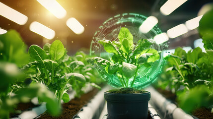 Poster - vibrant indoor farm showcasing sustainable agriculture with technology. Lush green plants thrive in controlled environment, highlighting innovation in food production