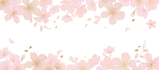 Wall Mural - Spring Japanese Cherry blossom flower background vector. Sakura floral Wallpaper design of elegant gold line cherry blossom flower, branch. Illustration for banner, wall decoration, backdrop, ads.