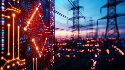 Fototapete - cinematic view of illuminated energy stock board with glowing lines, showcasing data trends against backdrop of power lines and sunset sky
