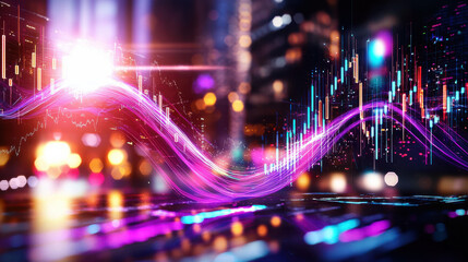 Fototapete - Cinematic view of economic trends with vibrant data visualization, showcasing colorful graphs and abstract light effects in modern city setting
