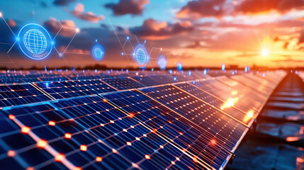 Aufkleber - cinematic view of solar panels stretching across landscape sunset, showcasing renewable energy technology and innovation. scene is enhanced with digital elements representing connectivity and
