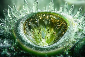 Wall Mural - Close-up of a vibrant green plant with glistening, golden bubbles, showcasing intricate textures and details.