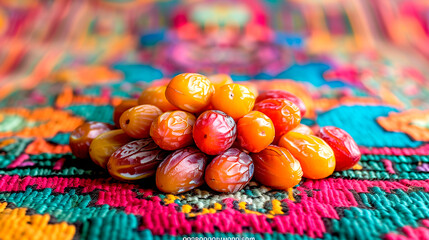 Pile of colorful dates on vibrant traditional fabric