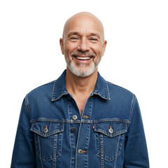 Sticker - Happy Mature Man Smiling Denim Jacket Portrait Studio Shot men male face bald blue model beard jeans adult    