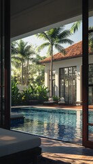 Wall Mural - view from badroom with views of the pool villa, building Exterior and interior design showing tropical pool villa