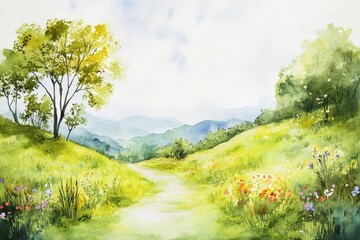 Wall Mural - watercolor painting of a scenic path winding through a vibrant, flowering meadow leading to distant 