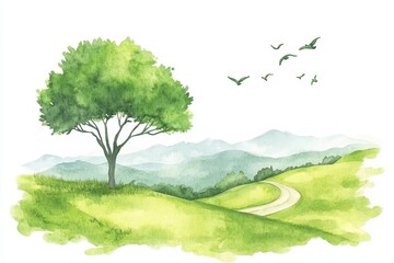 Canvas Print - Watercolor painting of a tree, birds, winding road, and mountain landscape.