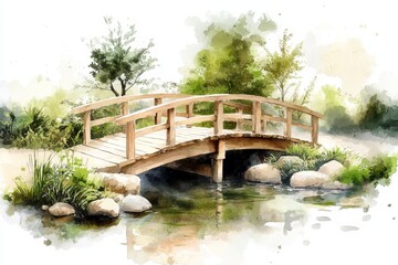 Wall Mural - wooden bridge over calm stream in tranquil garden.