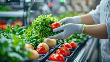 Poster - person wearing gloves is sorting fresh vegetables, including lettuce and tomatoes, in well lit environment. vibrant colors of produce create inviting atmosphere