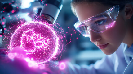 Fototapete - biotechnology researcher examines glowing cell structure under microscope, showcasing advanced scientific techniques and innovation in laboratory setting