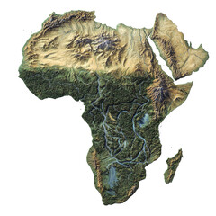 A three dimensional topographic map showcasing the diverse geography of Africa including its mountains, rivers, and various landforms.