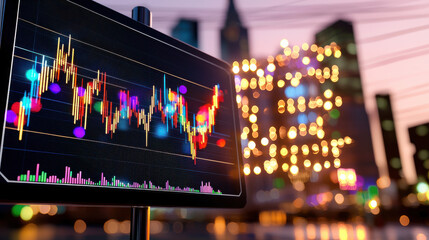 Aufkleber - clean and vibrant shot of energy stock analytics on digital screen, showcasing colorful graphs and data against blurred city skyline