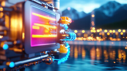 Aufkleber - close up view of hydroelectric facility at night, showcasing vibrant lights and intricate machinery reflecting on water. scene captures beauty of technology and nature