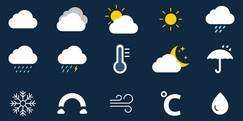 weather icons set. flat vector symbols, 天気にまつわるアイコンセット（モノクロ）, weather icons for web. forecast weathe