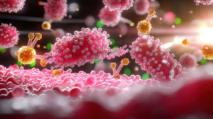 Poster - vibrant 3D illustration of nanotechnology showcasing molecular manipulation, featuring pink and gold structures interacting in dynamic environment