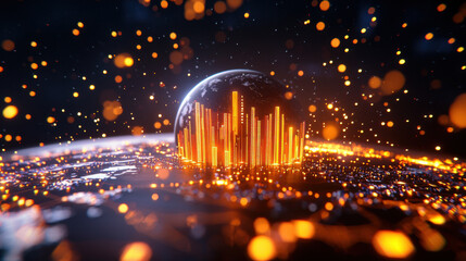 Aufkleber - vibrant visualization of global trade analytics, showcasing glowing cityscape on planet surrounded by dynamic data points. This futuristic scene captures essence of interconnected economies