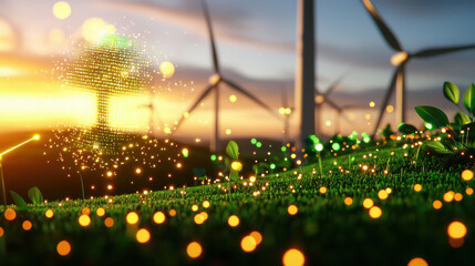 Aufkleber - vibrant landscape featuring wind turbines at sunset, with glowing digital trees and plants symbolizing renewable energy and sustainability