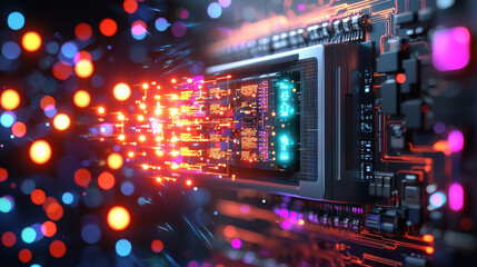 Fototapete - High resolution close up of futuristic circuit board with glowing components, showcasing vibrant colors and intricate details. image captures essence of advanced technology and innovation