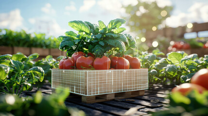 Poster - Fresh tomatoes in wooden crate surrounded by vibrant green leaves, showcasing bountiful harvest at sunny farm. scene captures essence of agriculture and nature beauty