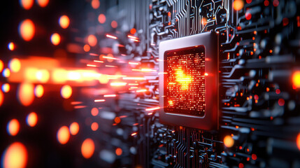 Leinwandbilder - High resolution depiction of computer chip with glowing circuits and data flow, showcasing technology and innovation in digital environment