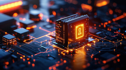 Leinwandbilder - high resolution depiction of computer chip with glowing lock symbol, representing cybersecurity and digital protection. intricate circuit board design highlights technology and innovation