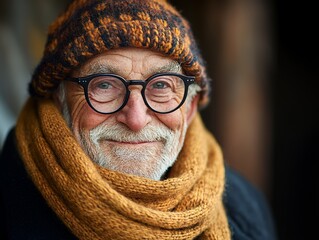 A close-up portrait of a smiling elderly man bundled up in warm clothing. He exudes calmness and joy.