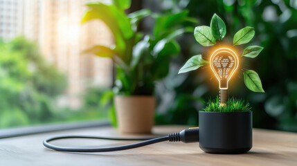 Aufkleber - creative concept of plant growing from pot with light bulb design, symbolizing sustainability and innovation. scene is bright and green, evoking sense of eco friendliness