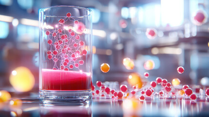 Fototapete - glass containing vibrant red liquid with floating molecular structures, symbolizing scientific research and innovation in biotechnology. background features modern laboratory setting