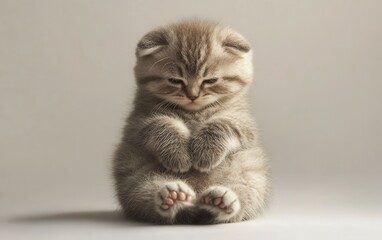 A relaxed Scottish fold kitten sitting up with paws tucked underneath, its unique folded ears and fluffy fur glowing under soft lighting on a white background 