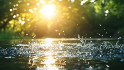 Canvas Print - Sunlit water splashes in a tranquil forest stream.