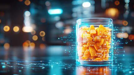 Poster - futuristic packaging design featuring transparent jar filled with vibrant orange gummies, illuminated by digital effects and blurred city background