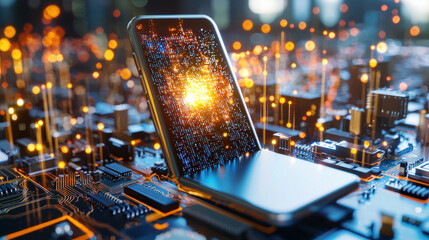 Aufkleber - high resolution image of mobile device on circuit board, showcasing vibrant digital patterns and glowing lights, symbolizing technology and innovation