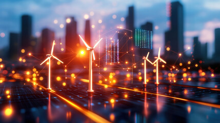 Aufkleber - High resolution image of smart energy grid featuring wind turbines, digital data, and city skyline. scene illustrates renewable energy technology and urban development