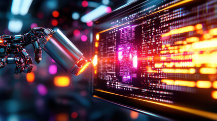 Aufkleber - robotic arm interacts with digital screen, showcasing vibrant data streams and technology. This futuristic scene highlights innovation and advanced computing