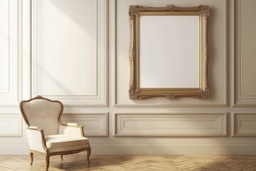 Wall Mural - Elegant armchair and ornate gold frame in a classic interior.