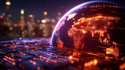 Leinwandbilder - Digital globe showcasing global economic patterns with vibrant colors, illuminated cityscape background, and intricate circuitry design. captivating representation of technology and connectivity