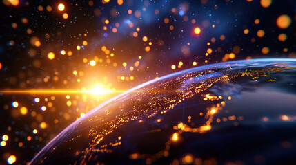 Poster - stunning view of Earth from space, showcasing glowing city lights and vibrant sunrise. image captures beauty of our planet with sparkling particles in atmosphere