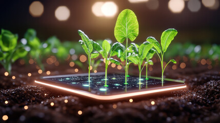 Aufkleber - digital farming application on tablet displays vibrant green plants growing from soil, symbolizing innovation in agriculture and technology