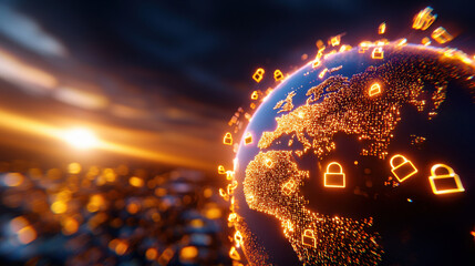 Leinwandbilder - visually striking image of glowing globe with digital locks, symbolizing global security and connectivity. sunset adds dramatic backdrop to this captivating scene