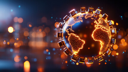 Fototapete - visually striking image of glowing globe surrounded by digital elements, representing global connectivity and technology. vibrant colors and intricate details evoke sense of innovation and
