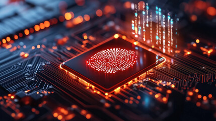 Poster - High tech circuit board with glowing biometric authentication chip, showcasing digital data streams and intricate patterns