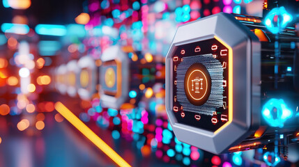 Poster - Futuristic technology display with glowing circuits and vibrant colors. This showcases high tech environment featuring intricate designs and illuminated elements, creating captivating atmosphere