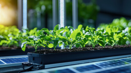 Aufkleber - sustainable garden featuring vibrant green plants growing in modern setup with solar panels, showcasing eco friendly practices and innovative gardening techniques