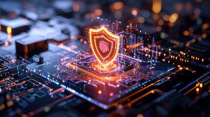Poster - glowing shield icon emerges from circuit board, symbolizing digital security and protection. vibrant colors and intricate details highlight technology role in safeguarding data