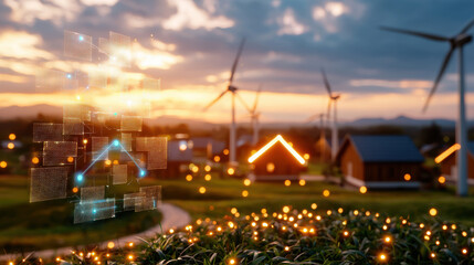 Aufkleber - rural village illuminated by renewable energy, featuring wind turbines and modern homes. sunset creates serene atmosphere, highlighting sustainable living
