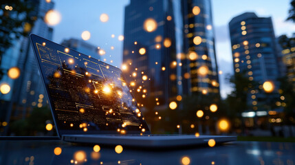 Aufkleber - laptop displaying digital data with glowing particles in urban setting at dusk. scene captures blend of technology and city life, evoking sense of innovation and connectivity