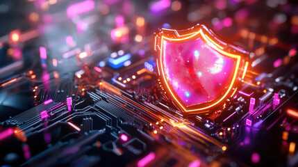 Poster - futuristic firewall symbolizing digital protection on circuit board, glowing with vibrant colors. This represents cybersecurity and advanced technology