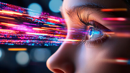Aufkleber - abstract depiction of human eye with vibrant light streaks representing technology and fashion fusion, showcasing blend of creativity and innovation