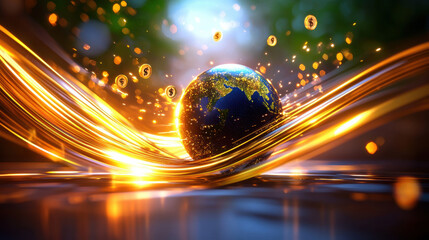Poster - abstract image representing global economic shifts with glowing globe surrounded by dynamic golden waves and dollar symbols, symbolizing financial growth and change
